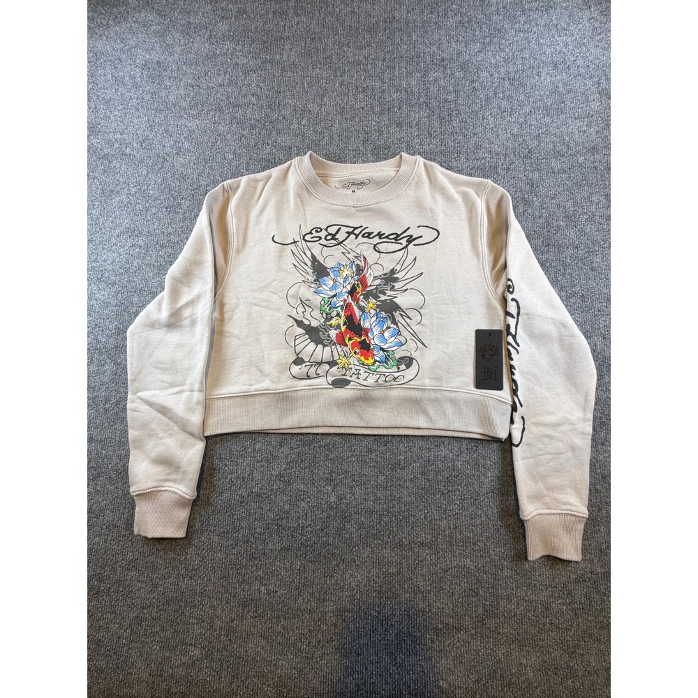 Ed Hardy Womens Koi Fish Tattoo Cropped Sweatshirt Soft Grey EHWR1415-4 M